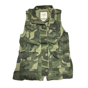 Abercrombie Fitch Vest Jacket Womens Medium Green Camouflage Utility Epaulettes